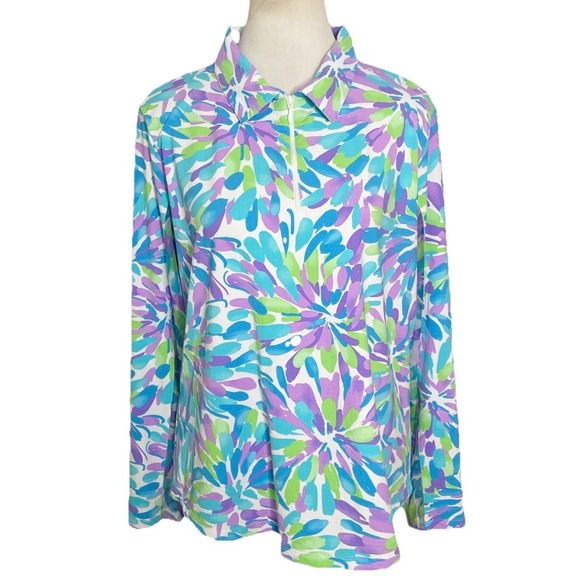 IBKUL Tops - Ibkul 1/4 Zip Pullover Side Mesh Sleeves Floral Blue Purple Golf Tennis XL
